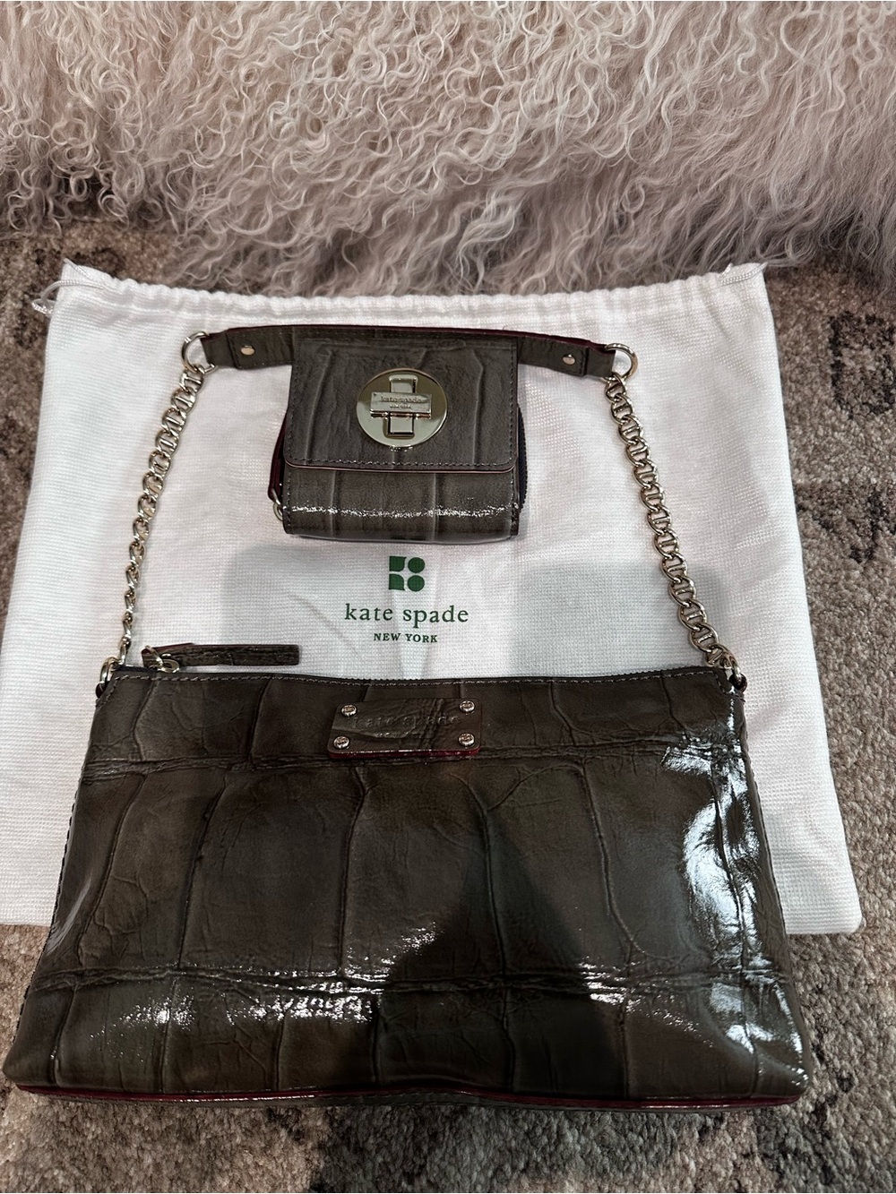 Kate Spade olive grey croc-embossed patent leather shoulder bag and wallet
